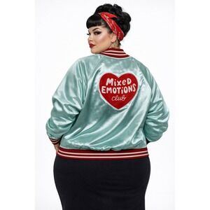 Tuesday Bassen Mixed Emotions Club Satin Varsity Jacket Seafoam Green 3X